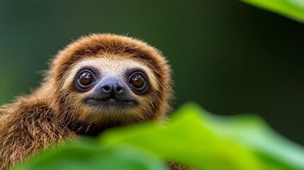 Wall Mural -  A tight shot of a brown-and-white animal with a green leaf in sharp focus before it, and a softly blurred background