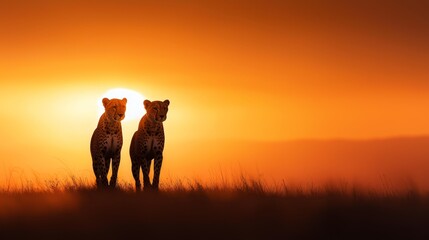  Two cheetahs stand side by side atop a grassy field, silhouetted against the sunset