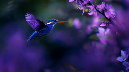 Wall Mural -  A bird flies through the air, holding a bloom in its beak against a backdrop of purple flowers