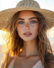 Wall Mural - Portrait of a beautiful woman with a straw hat at the beach, front view