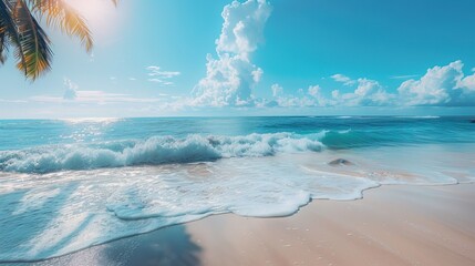 Wall Mural - best travel landscape paradise beach tropical island background beautiful palm trees closeup sea waves sunshine blue sky clouds luxury travel summer vacation 