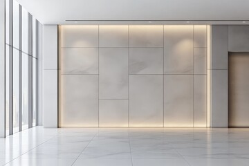 Aufkleber - A bright minimalist interior with geometric wall patterns and spotlighting. Large windows allow natural light to flood the space, enhancing the clean aesthetic.
