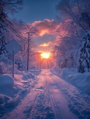 Poster - A photo of the sun setting over an empty, snow-covered parking lot in Bar Harbor, Wisconsin