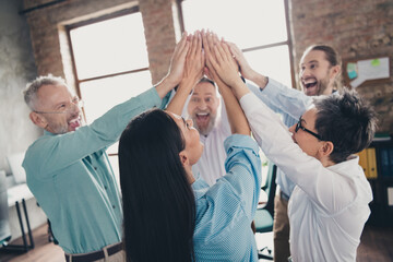 Canvas Print - Photo of coworking project teamwork people highfive teambuilding work together conference meeting successful nice light office