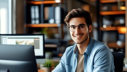 Wall Mural - smiling young content marketing consultant engaged with computer in modern office setting