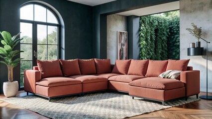 Wall Mural - Terra cotta corner sofa in room with beige stucco walls. Minimalist interior design of modern living room.
