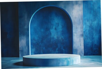 Wall Mural -  3D rendering blue wall with minimal podium scene Background