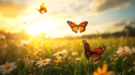 Canvas Print - Sunset Butterflies in a Meadow