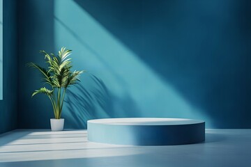 Wall Mural -  3D rendering blue wall with minimal podium scene Background