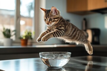 Sticker - adult cat jumping over a bowl with water, modern kitchen floor