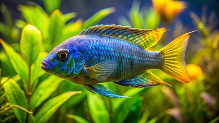 Vibrant blue and yellow jewel cichlid fish swims in a planted aquarium, its iridescent scales shimmering in the