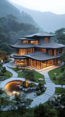 Wall Mural - Aerial view of a luxurious Zen-inspired villa nestled in misty mountains