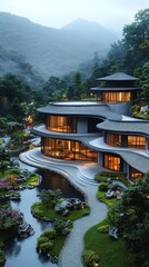 Wall Mural - Aerial view of a luxurious Zen-inspired villa nestled in misty mountains