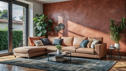 Wall Mural - Terra cotta corner sofa in room with beige stucco walls. Minimalist interior design of modern living room.
