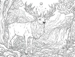 Wall Mural - An adult-level black-and-white coloring page of a mighty beautiful white stag standing 