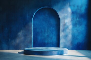 Wall Mural -  3D rendering blue wall with minimal podium scene Background