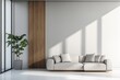 © ChaoticMind - A spacious room with a modern low-profile sofa in light gray, complemented by a wooden vertical slat feature wall and large green plant in a minimalist and bright setting.