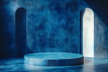 Wall Mural - 3d rendering blue wall with minimal podium scene background