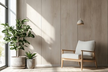 Aufkleber - A serene corner of a room with light wood paneling, featuring a comfortable chair with white cushions, two green plants in pots, and soft natural sunlight casting shadows.