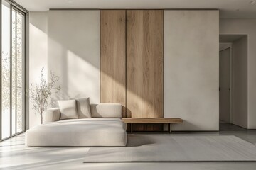 Aufkleber - A modern living area with a low-profile gray sofa complemented by light wooden walls, clean lines, soft lighting, minimalist decor, large windows, and a peaceful ambiance.