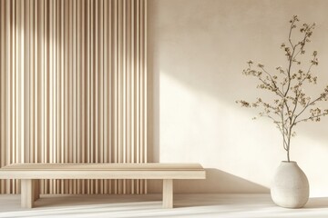 Aufkleber - A minimalist scene featuring a wooden bench placed in front of a slatted wooden wall with sunlight casting shadows. The decor is simple and elegant, evoking calmness.