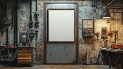 Frame mockup on a steel door, gritty industrial workshop, tools and equipment, 3D illustration