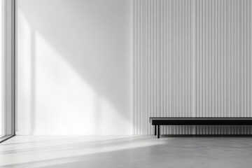 Poster - A minimalist room with subtle vertical lines on the white wall and abundant natural light coming through large windows, creating a serene and spacious atmosphere.