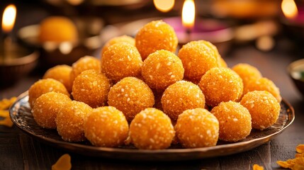 Indian Traditional Diwali sweets Motichoor laddoo, Happy Diwali, festive atmosphere, place for text