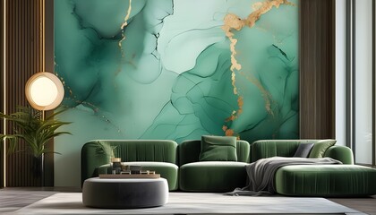 Wall Mural - Delicate Abstract Green Ink Design with Hand-Painted Contemporary Art Texture