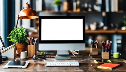 Wall Mural - Creative workspace mockup featuring a blank screen for marketing, business typing on a laptop, and a professional setting with a hand on the keyboard