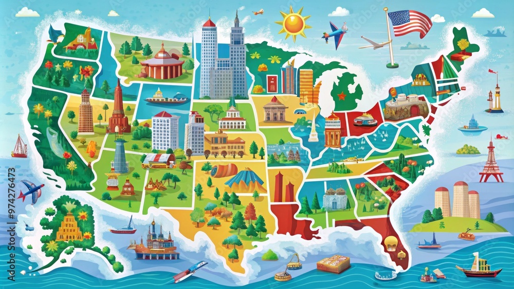 Vibrant colorful map of the United States with major cities and roads