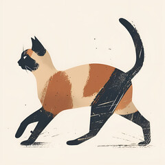 Wall Mural - a cute siamese cat walking, a simple flat illustration with brush strokes and texture, generative ai