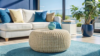 Wall Mural - Wicker and fabric pouf near white corner sofa. Minimalist interior design of modern living room.
