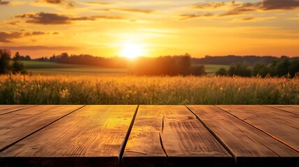 Wall Mural - Wooden Tabletop with Sunset and Field Background