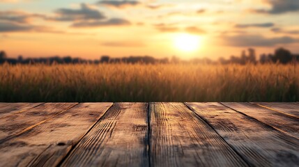 Wall Mural - Wooden Tabletop with Sunset and Field Background