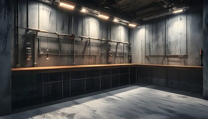 Wall Mural - Moody Atmosphere of an Empty Professional Studio with Concrete Walls and Smoke Effects