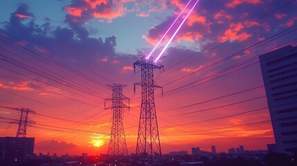 Power lines against a sunset sky in Jakarta, Indonesia. Digital laser beam adds a futuristic touch to the image, showcasing industrial technology.