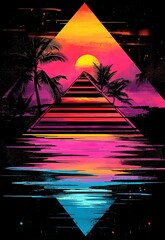 Poster - Neon 1980s sunset. Nostalgia. Melancholy. Hope. Shadow Pyramid. Splash-pattern black background.