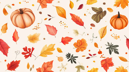 A vibrant autumn pattern showcasing various colorful leaves and pumpkins scattered across a light background, evoking the fall season