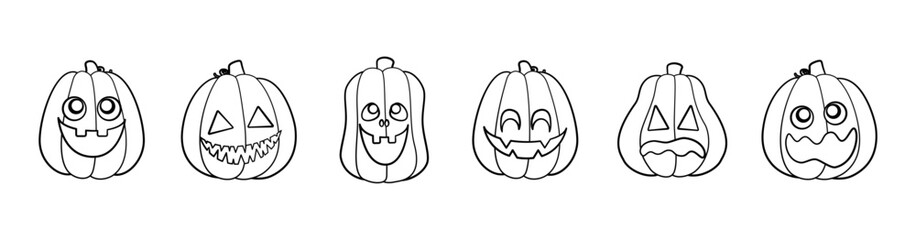 Wall Mural - Jack O Lantern Outline Line Art Set. Cute Halloween Pumpkin Fall Autumn Doodle. Easy Coloring Book Page Activity For Kids.