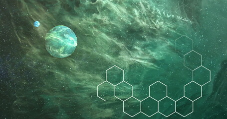 Wall Mural - Image of hexagons over planets on sky with stars