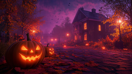 Spooky street on Halloween, glowing jack-o-lanterns on doorsteps, dark houses with flickering lights, eerie fog rising from the ground, dark orange and purple sky at dusk, autumn leaves on the ground