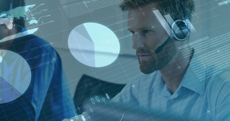 Wall Mural - Image of financial data processing over caucasian businessman using phone headset and computer
