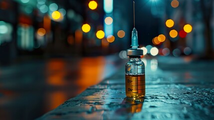 Syringe and Vial on a City Street at Night