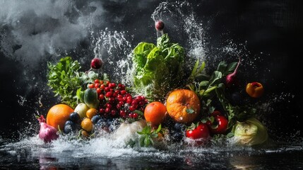 Wall Mural - Vibrant Fruits and Vegetables Splashing in Water