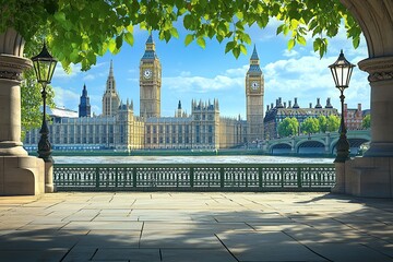 Beautiful view of London with Big Ben and Palace in the background, sunny day, river Thames