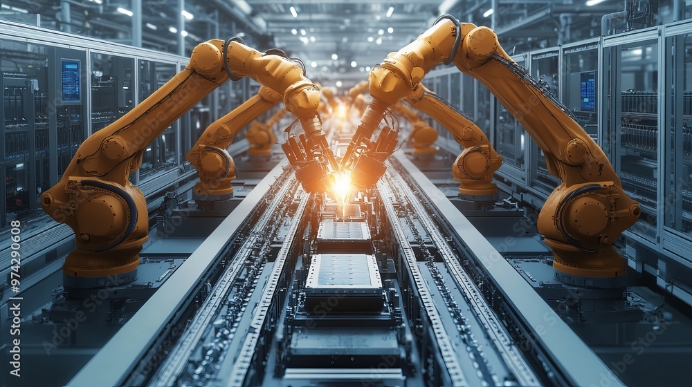 Robotic arms on an assembly line work together to build electric car ...