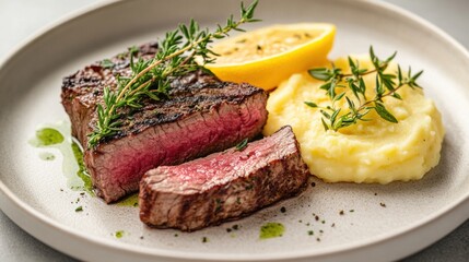 Wall Mural - Grilled Steak with Mashed Potatoes and Lemon