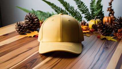 Wall Mural - Yellow Baseball Cap with Autumnal Decorations on Polished Wood