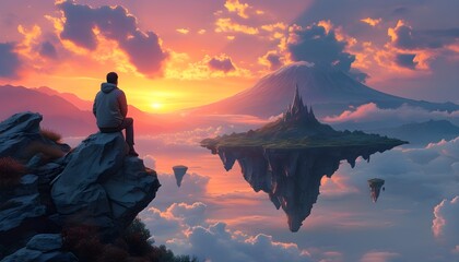 Wall Mural - Contemplative figure on rocky summit admiring ethereal floating islands in a surreal dreamscape during a vibrant sunset